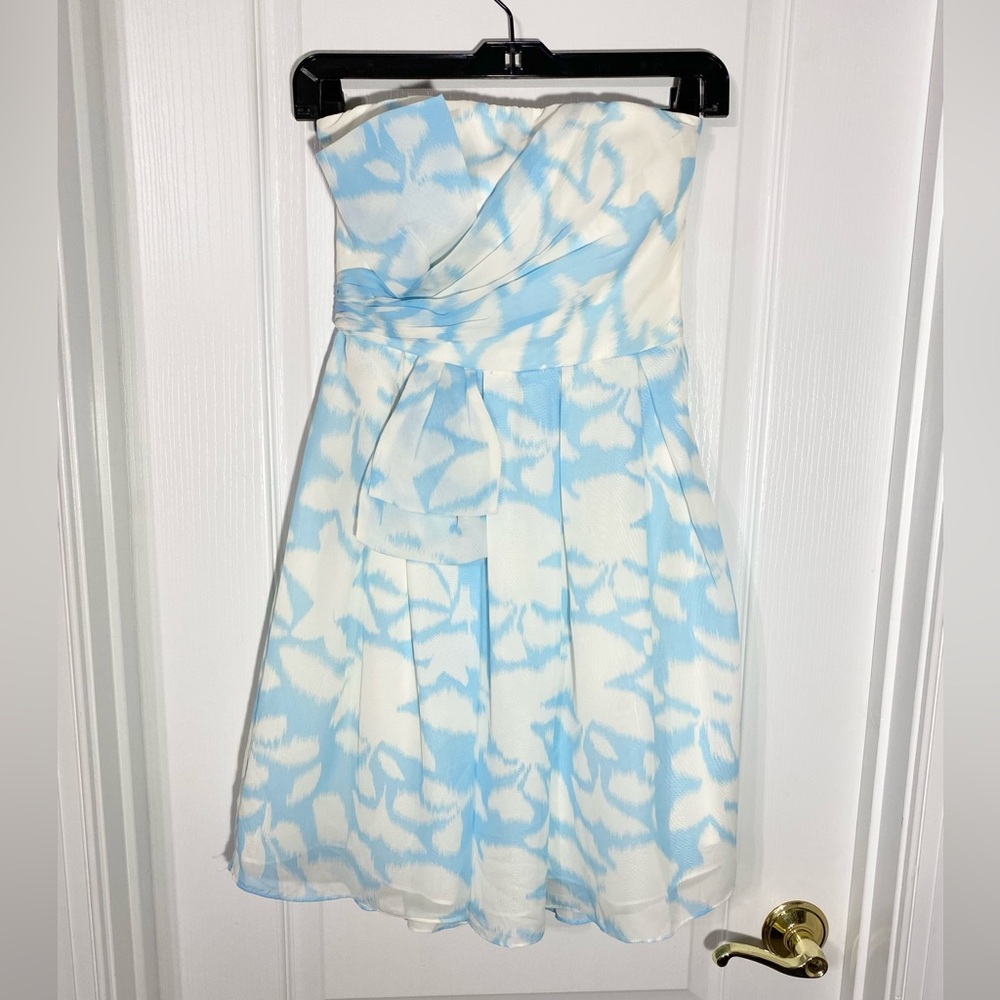 NEW Minuet Bow Detail Abstract Floral Chiffon Strapless Dress Lt. Blue White S